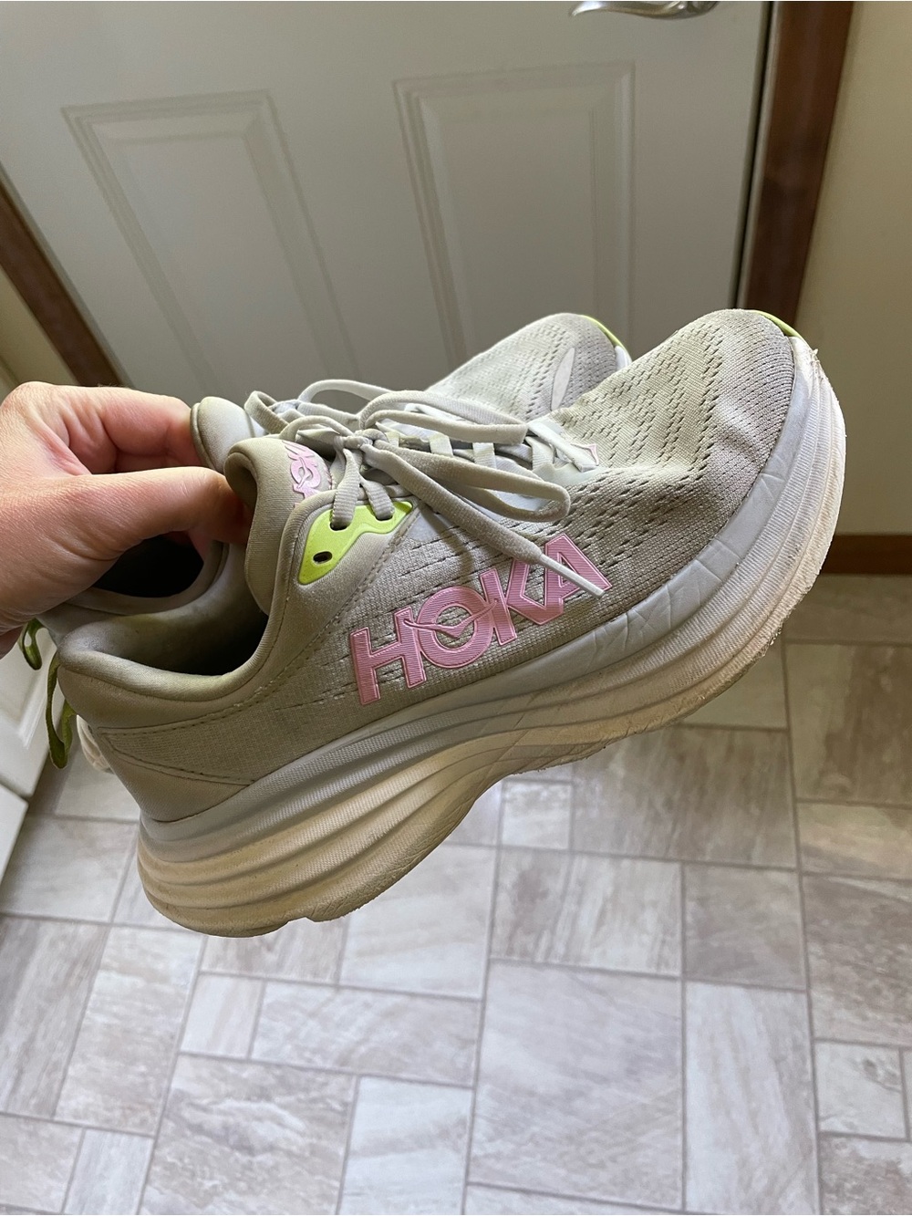 Hoka Women's Neutral Running Shoes in Light Gray with Pink Logo